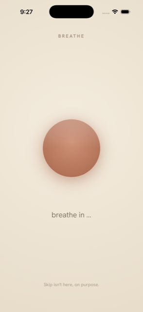 Breathing screen with a glowing circle and the words breathe in.