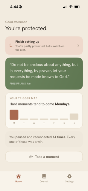 Home screen reading You're protected, with a verse and a private trigger map.