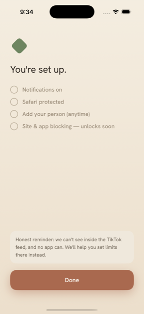 Setup-complete screen with an honest reminder about what an app can and cannot do.